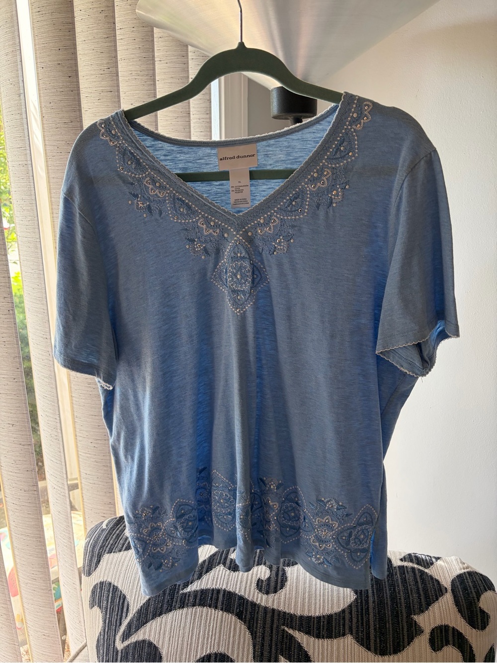 Alfred Dunner Light Blue Embellished V-Neck Short Sleeve Tee